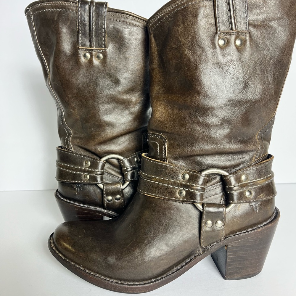 Frye Dark Brown Leather Harness Mid-Calf Boots - Picture 11 of 12